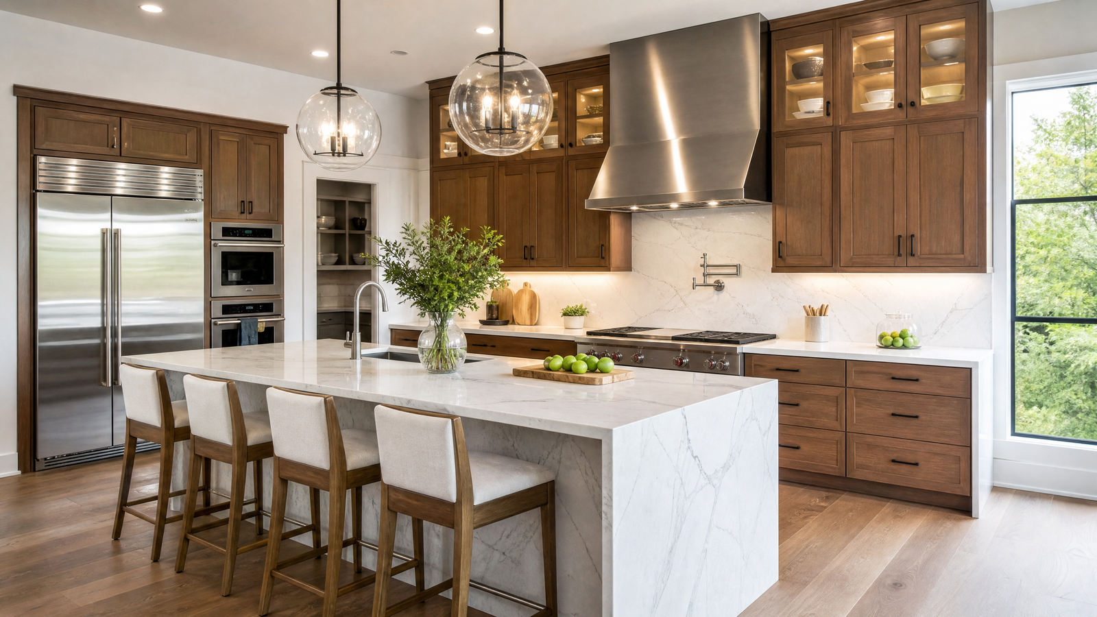 Modern remodeled kitchen with custom cabinetry and marble island